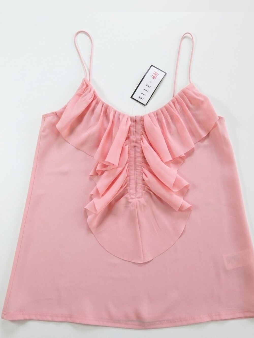 H&M NWT Blush Pink Ruffle Neckline Cami Tank Top Spaghetti Strap Gold Hook Sz6